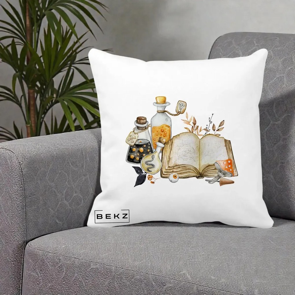 Perna Decorativa Grimoire Vrajitoare si Filtre Magice Halloween, 40x40 cm, Alba Mata, Husa Detasabila, Perna Inclusa, BEKZ®
