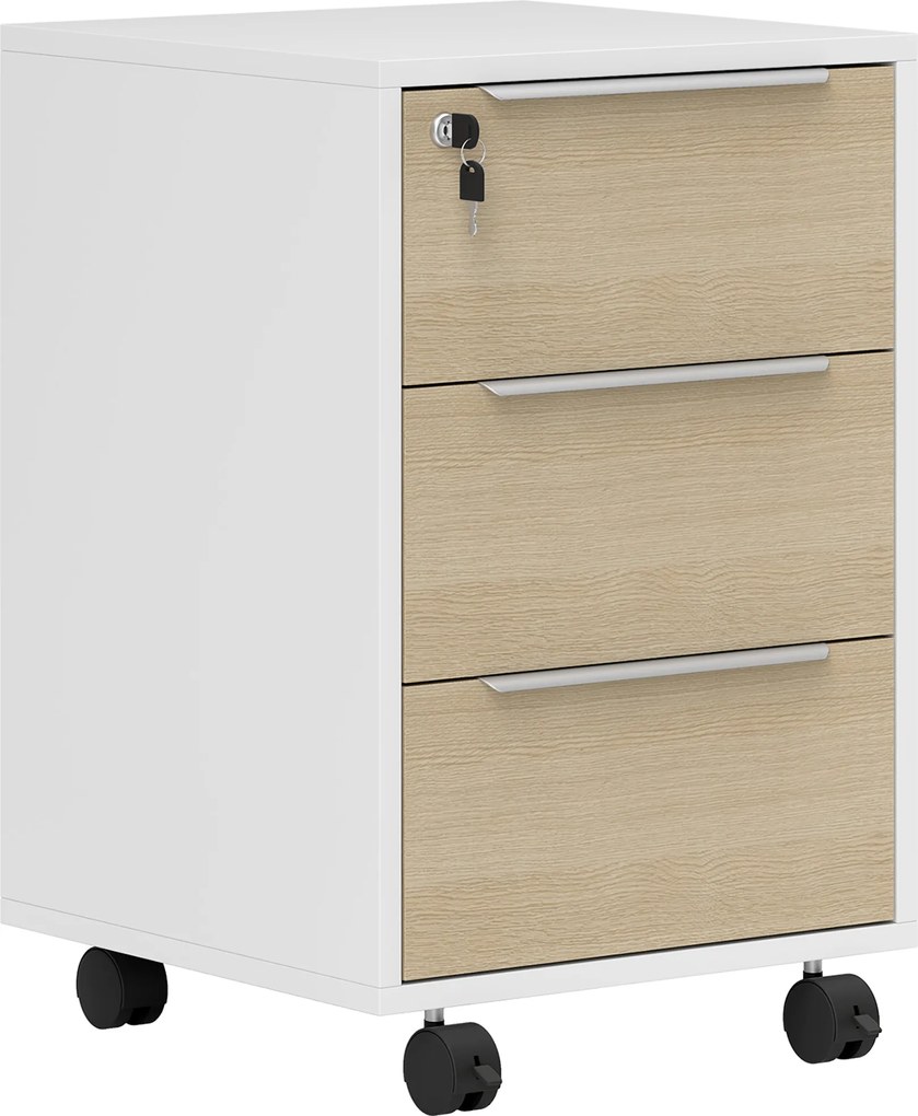 HOMCOM Dulap de Birou cu 3 Sertare, 4 Roți, Comodă de Birou cu Sistem de Blocare și 2 Chei pentru Documente Format A4, Dulap Vertical pentru Studiu, 40x40x63.5 cm, Alb și Stejar | Aosom Romania