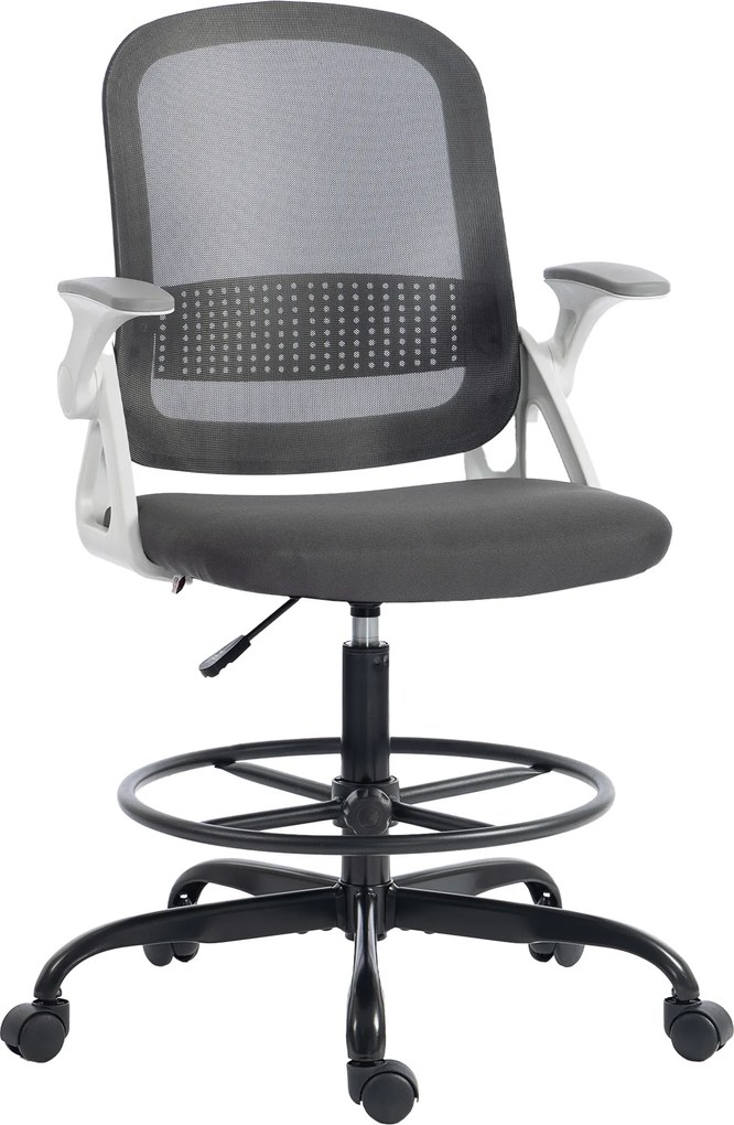 HOMCOM Scaun de birou din plasă Scaun de desen cu cotieră rabatabilă Înălțime reglabilă Suport pentru picioare Gri | Aosom Romania