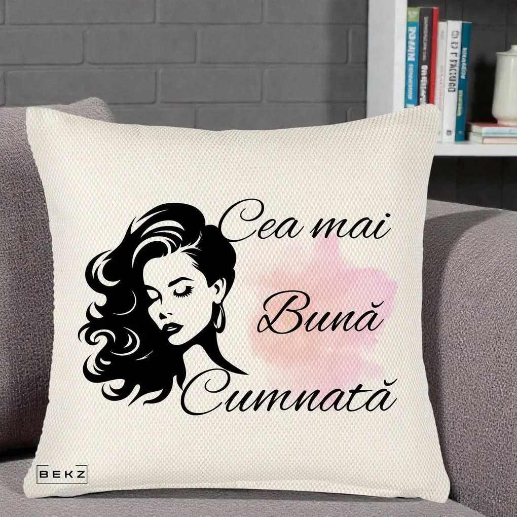 Cadou pentru Cumnata - Perna Personalizata Cea mai Buna Cumnata cu Silueta Dama si Pete Roz, 40x40 cm, Crem Reliefat, Husa Detasabila, Perna Inclusa, BEKZ®