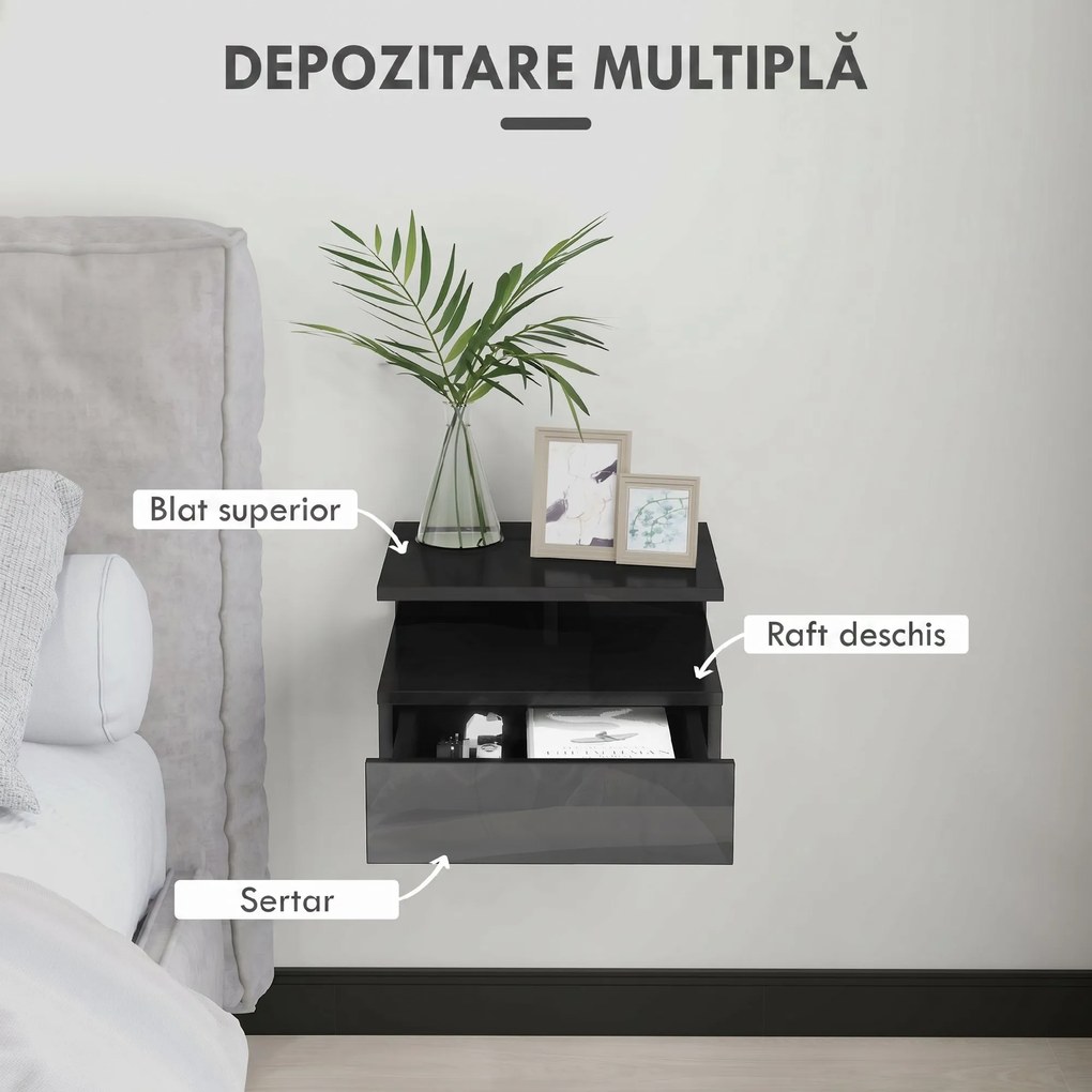 HOMCOM Set de 2 Noptiere Moderne Suspendate pentru Dormitor cu Sertar și Raft, 35x32x22,5 cm, Negru Lucios | Aosom Romania