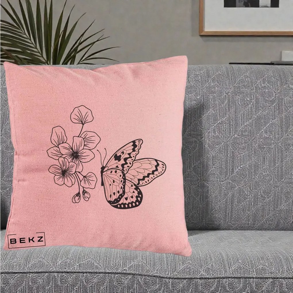 Perna Decorativa Fluture si Flori Linie Monocroma, 40x40 cm, Roz, Husa Detasabila, Perna Inclusa, BEKZ®