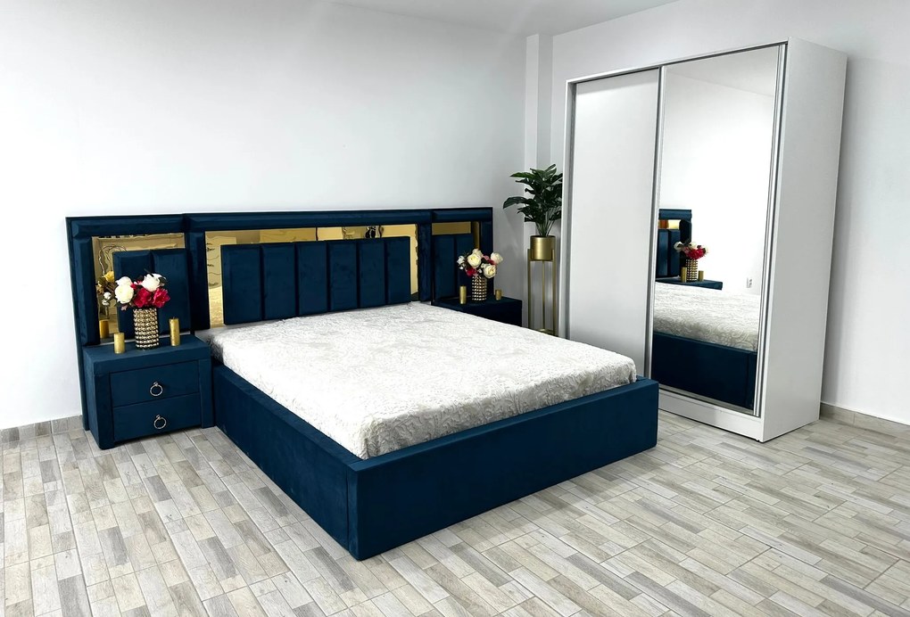 Dormitor Napoli, culoare albastru / alb, cu pat Napoli 160 x 200 cm, dressing Erika 150 cm si 2 noptiere Napoli