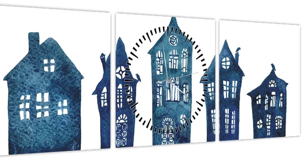 Tablou - Case de acuarelă albastru (cu ceas) (90x30 cm)