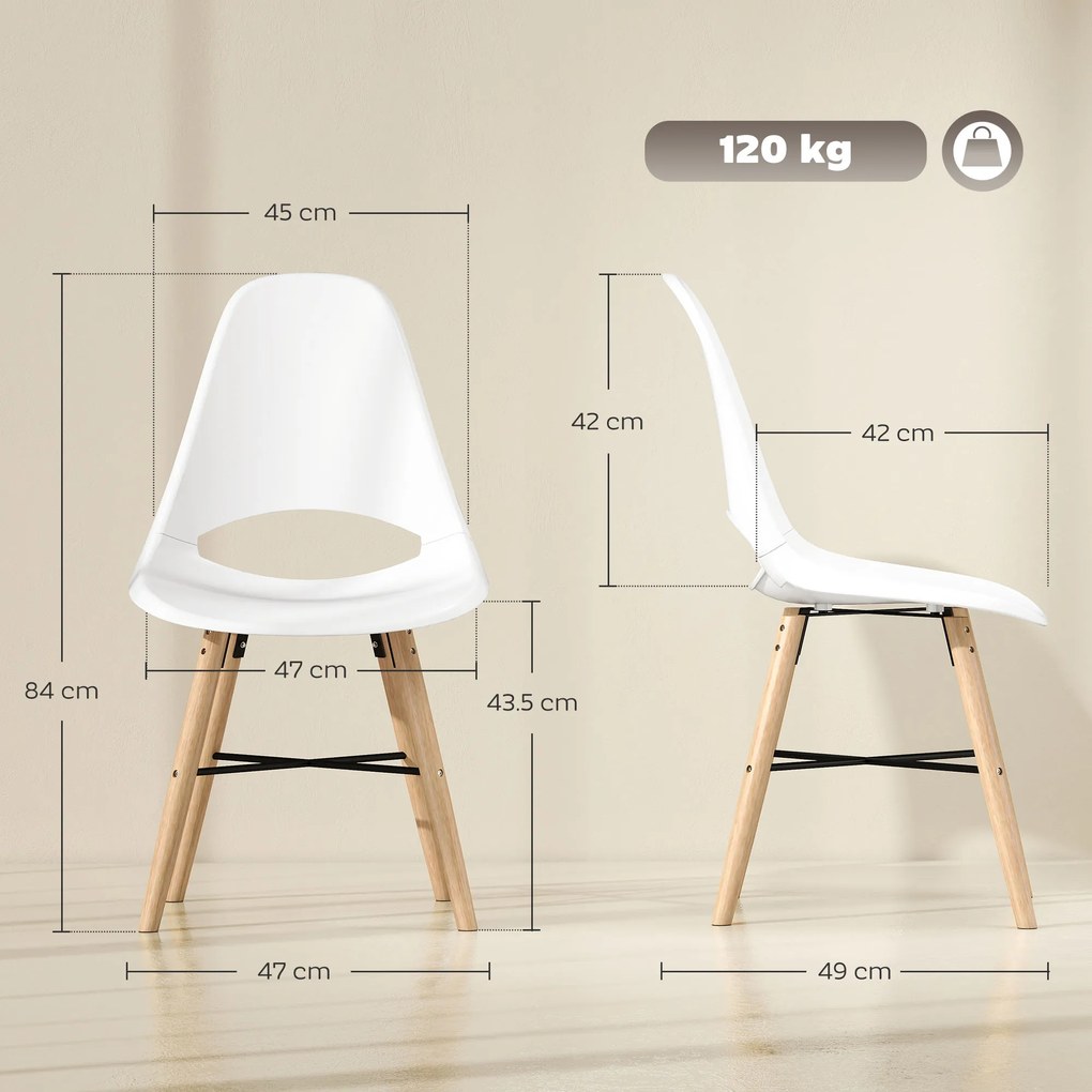 HOMCOM Set 2 Scaune de Bucătărie din Plastic și Lemn în Stil Nordic Alb | Aosom Romania