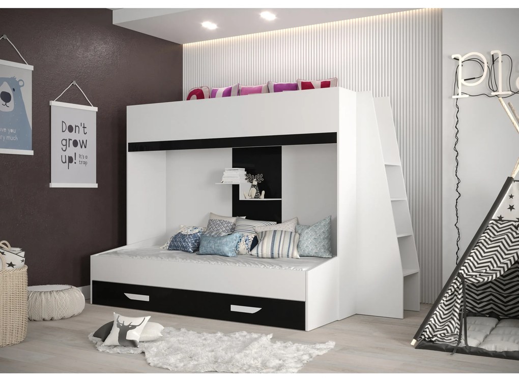 Pat pentru copii combinat 90 cm Puro 17 (alb mat + alb lucios + negru lucios). 1087114