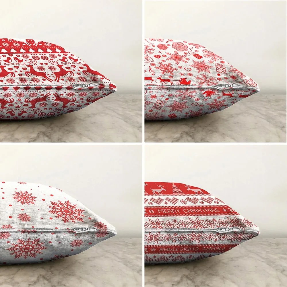 Set 4 fețe de pernă din chenille cu model de Crăciun Minimalist Cushion Covers Red Snowflakes, 55 x 55 cm