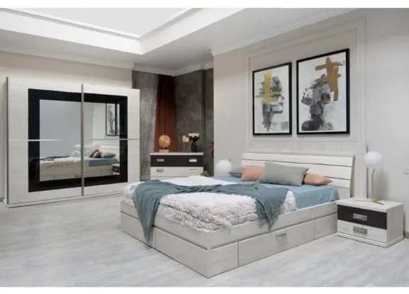 Set Mobila Dormitor Vanity Cu Dulap, Comoda, 2 Noptiere Si Pat Cu Dimensiunea Saltea 160 X 200 Cm,