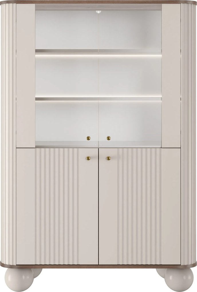 Vitrină Vesper 103 cm cu 4 uși - cașmir / nuc / mânere aurii / picioare sferice