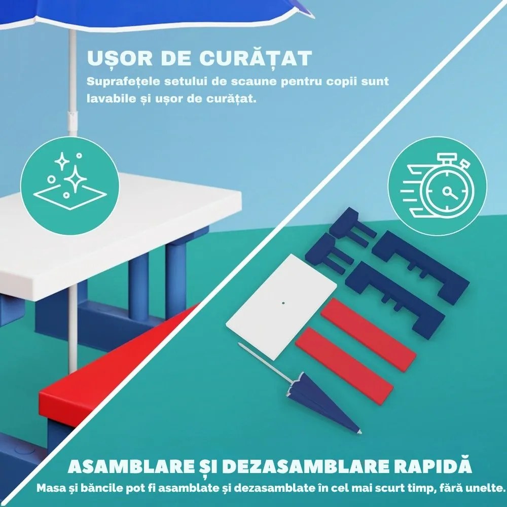 Set de șezut pentru copii cu umbrelă de soare JASMIN, 67x78,5x42,5cm, albastru/alb/roșu Spielwerk