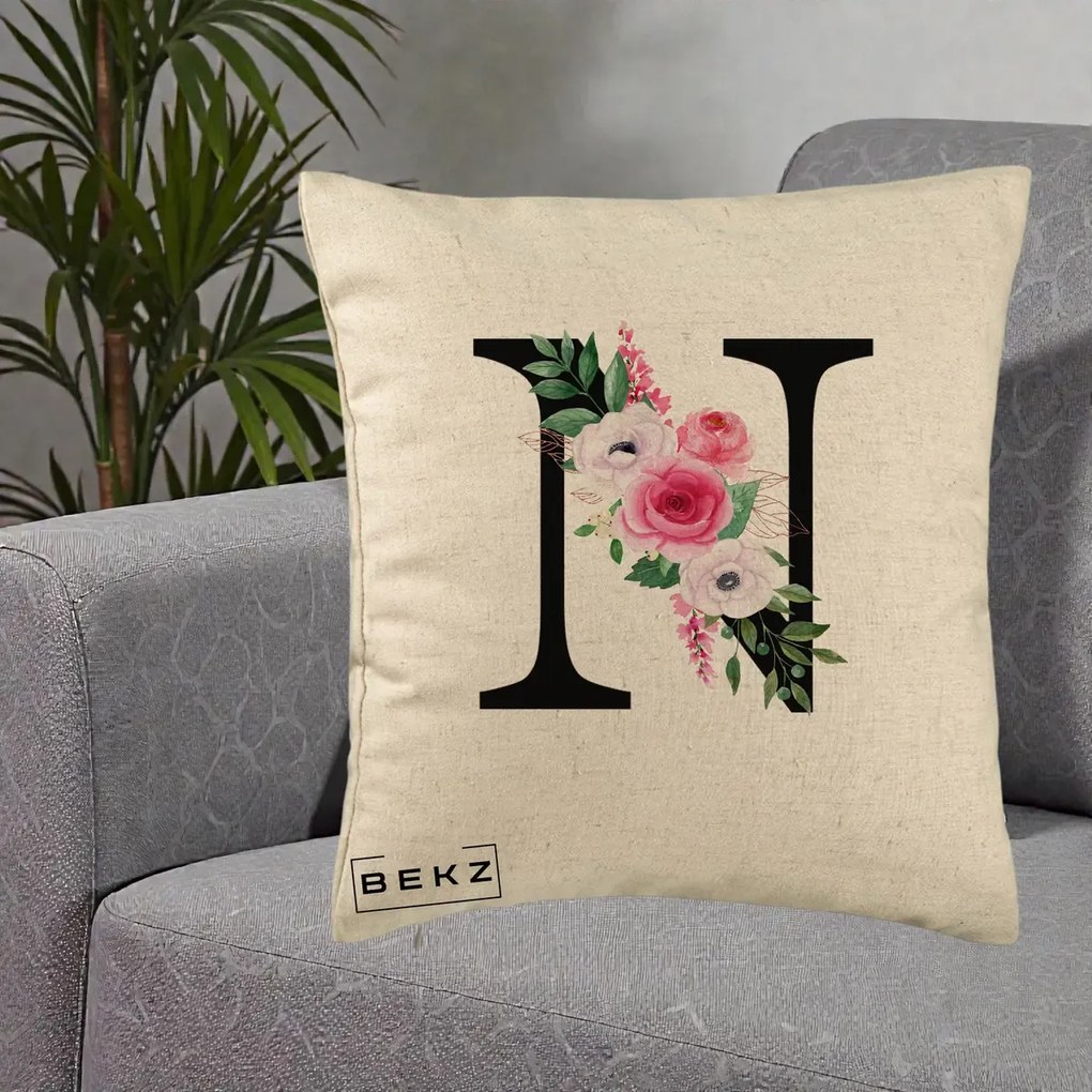 Cadou Personalizat - Perna Personalizata Monograma Florala Litera N, 40x40 cm, Bej, Husa Detasabila, Perna Inclusa, BEKZ®