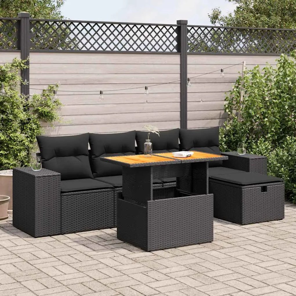 3328077 vidaXL Set mobilier grădină perne 6 piese negru poliratan/lemn acacia