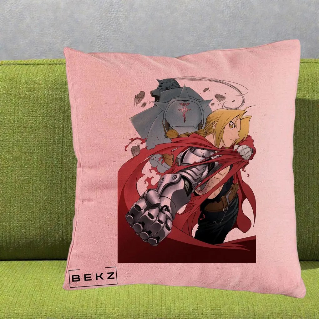 Perna Personalizata Fullmetal Alchemist Brotherhood Edward si Al Poster, 40x40 cm, Roz, Husa Detasabila, Perna Inclusa, BEKZ®