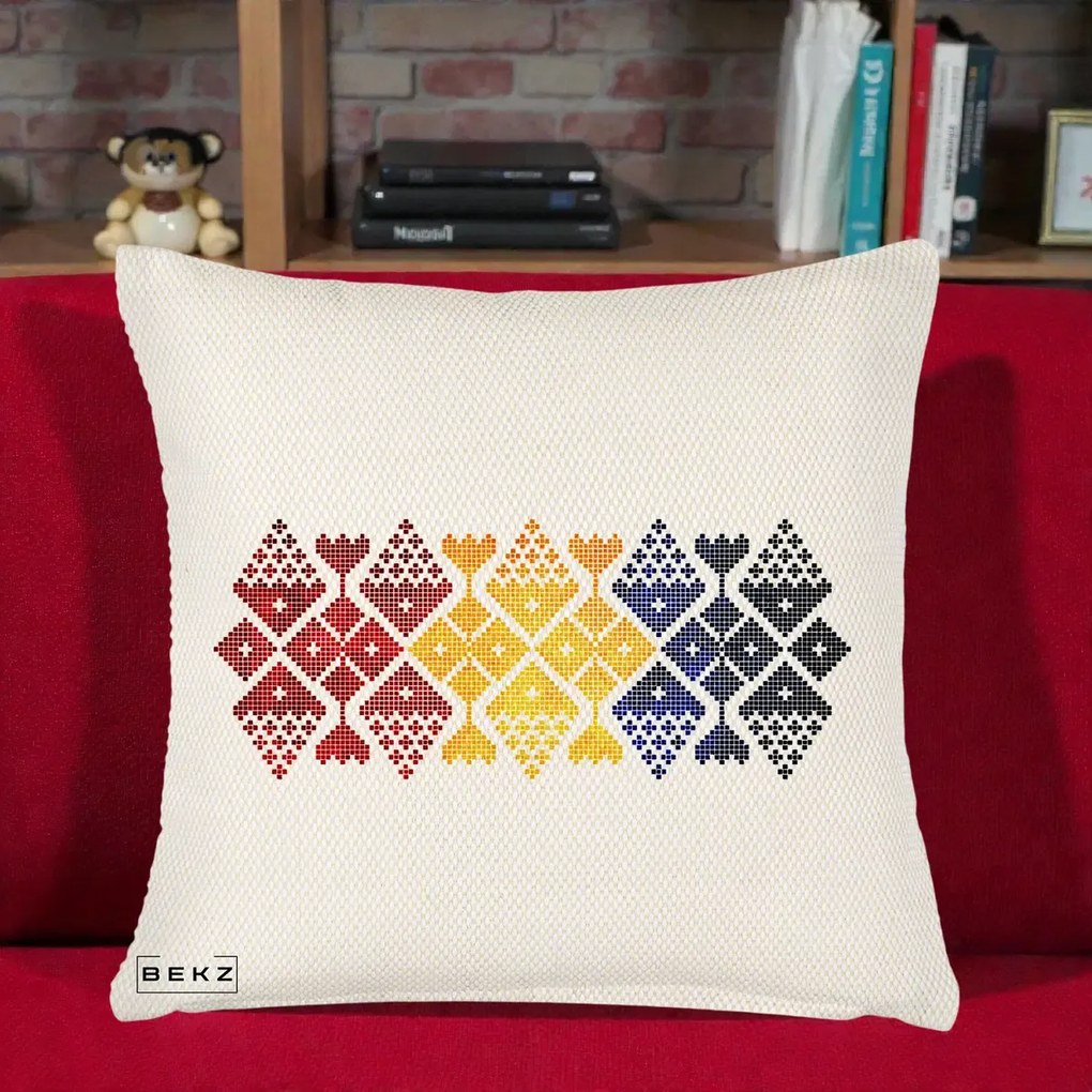 Perna Personalizata Motiv Tricolor Romanesc Broderie, 40x40 cm, Crem Reliefat, Husa Detasabila, Perna Inclusa, BEKZ®