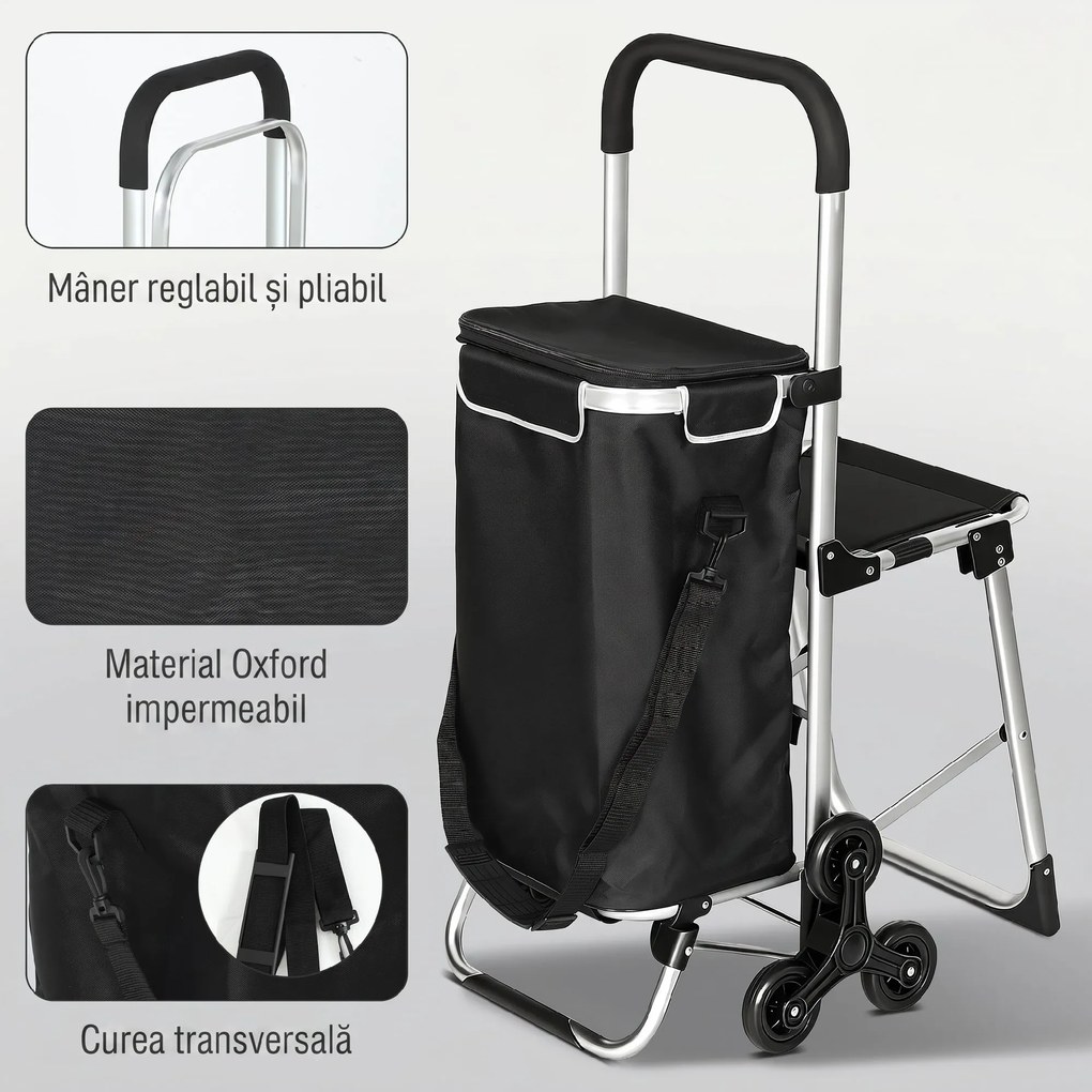 HOMCOM Cărucior de Cumpărături cu Geantă Impermeabilă de 40L, 46x59.5x97 cm, Negru și Argintiu | Aosom Romania