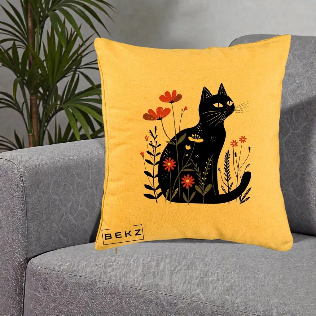 Perna Decorativa Pisica Neagra Flori Rosii Folk, 40x40 cm, Galben, Husa Detasabila, Perna Inclusa, BEKZ®