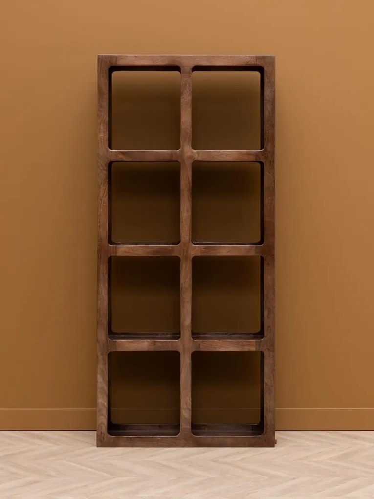 Etajeră din lemn de mango, cu 8 rafturi, maro antichizat, finisaj vintage, 82.5×32×181 cm, „Cubia"