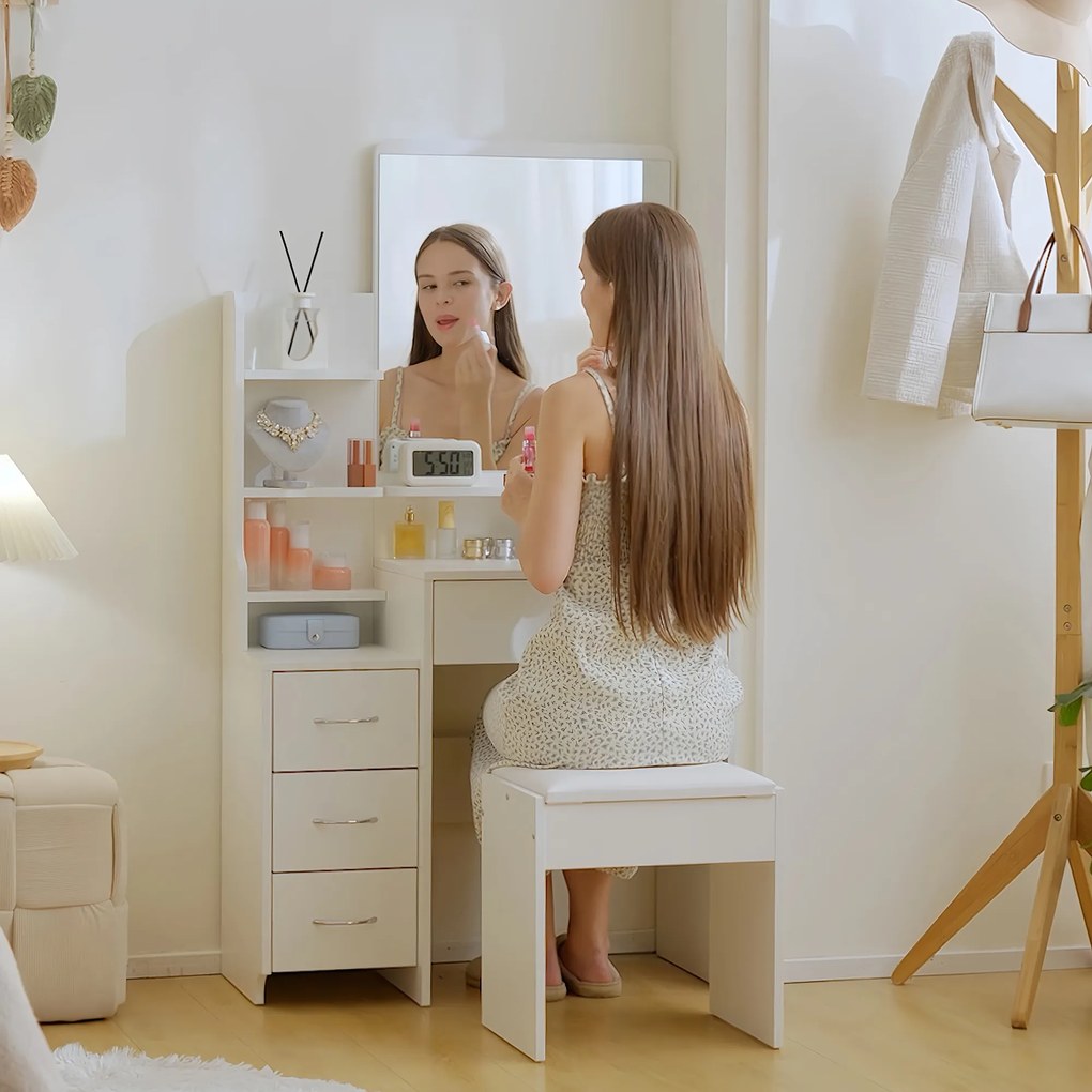 HOMCOM Post de machiaj cu oglindă mare din sticlă temperată, tocător de machiaj cu scaun căptușit, 4 sertare și 4 rafturi, post de machiaj pentru dormitor, alb | Aosom Romania
