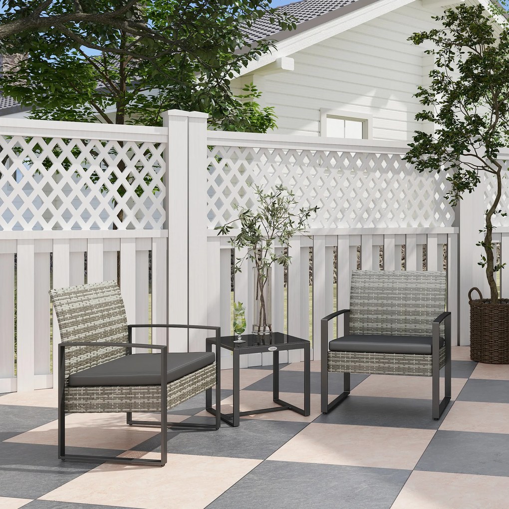 Outsunny Salon de jardin 3 piese 2 scaune cu perne + masă de cafea cu blat din sticlă securizată rășină tressée gri deschis | Aosom Romania