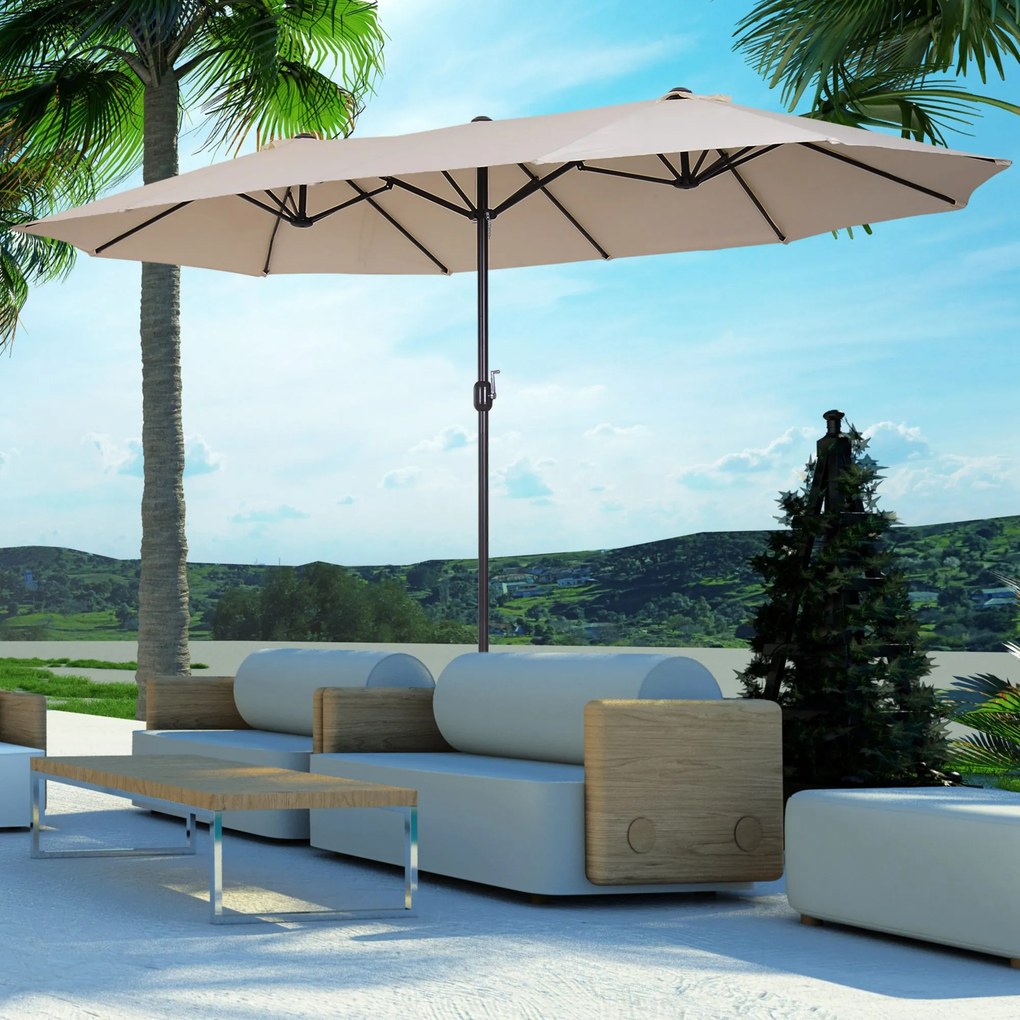 Umbrela de Gradina Impermeabila Outsunny, 12 nervuri metalice Anti-UV Bej, 460x270x240cm | Aosom Romania