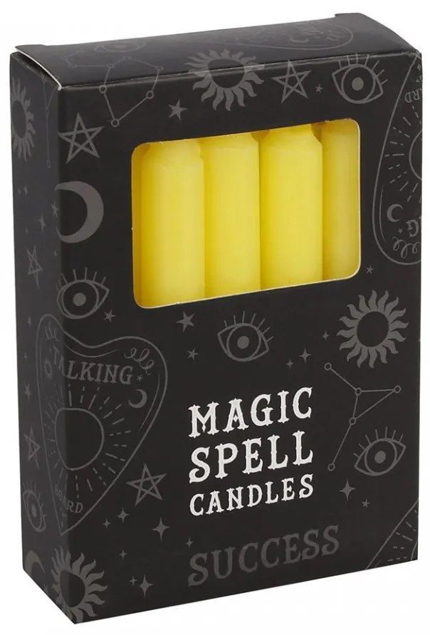 Set 12 lumanari galbene pentru ritualuri de succes, focus si intuitie, 10x1 cm