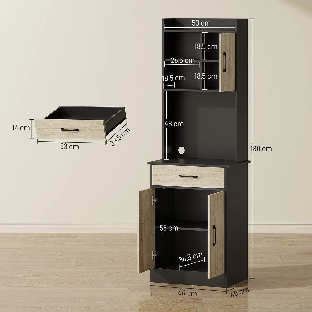 HOMCOM Dulap de Bucătărie, Mobilier cu Orificiu pentru Cabluri și Suprafață pentru Microunde, Dulap de Bucătărie cu Sertar, 3 Rafturi Deschise și Dulapuri, pentru Sufragerie, Living, Negru și Lemn | Aosom Romania