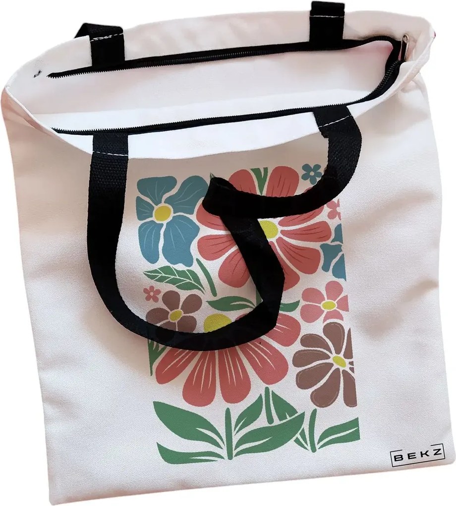 Sacosa de Panza pentru Cumparaturi, Geanta Tote, Boho Style 8, Cu fermoar, 38x34.5 cm, Alba, BEKZ®
