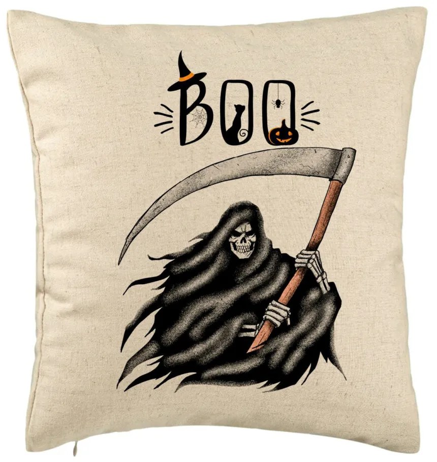 Perna Decorativa cu motiv The Grim Reaper, de Halloween, 40x40 cm, Bej, Husa Detasabila, Burduf