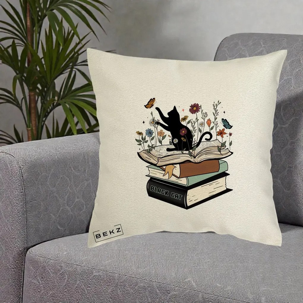 Perna Personalizata Pisica Neagra Carti Flori Fluturi, 40x40 cm, Ecru, Husa Detasabila, Perna Inclusa, BEKZ®