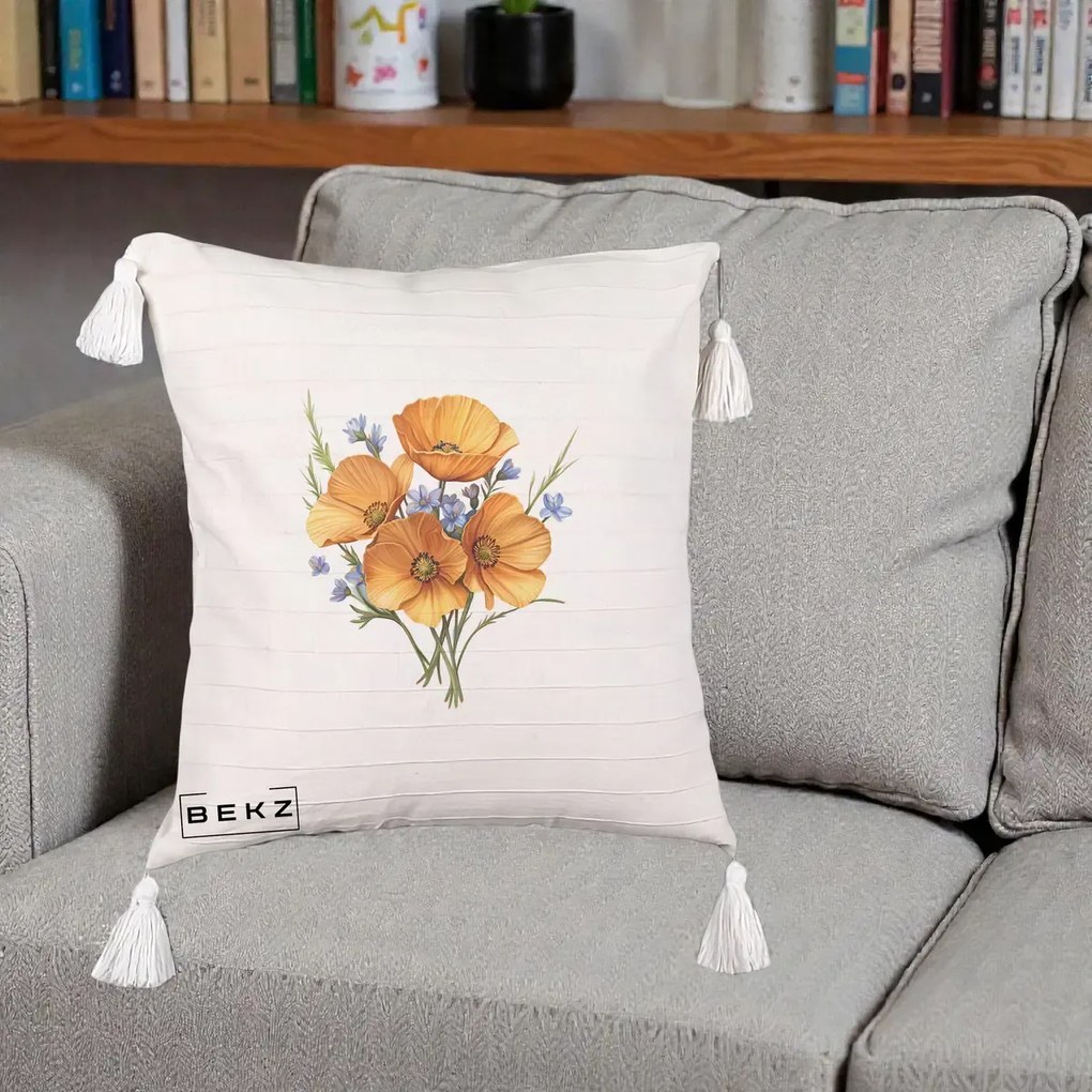 Perna Decorativa Maci Portocalii cu Floricele Albastre, 40x40 cm, Bej cu Franjuri, Husa Detasabila, Perna Inclusa, BEKZ®
