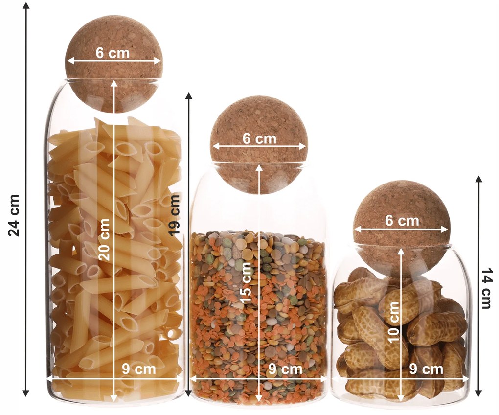 TEMPO-KONDELA LORZA, borcane din sticlă, set de 3, cu dop, sticlă/ plută