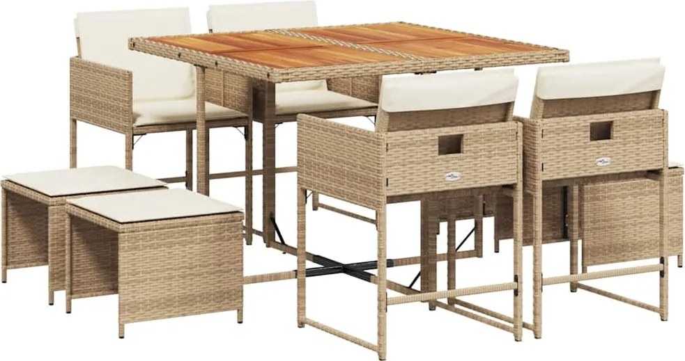 vidaXL Set de masă pentru grădină, 9 piese, cu perne, bej, poliratan