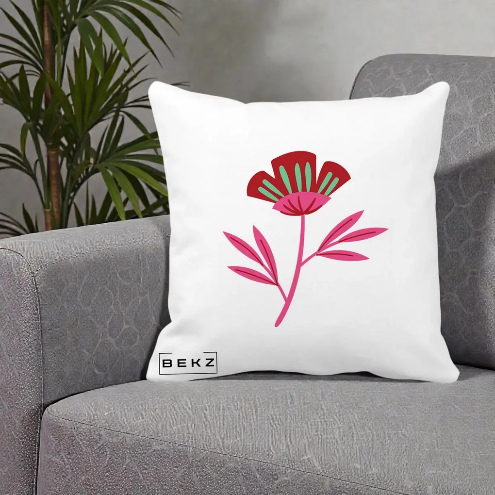 Perna Decorativa Floare Macul Roz-Rosu Grafic, 40x40 cm, Alba Mata, Husa Detasabila, Perna Inclusa, BEKZ®