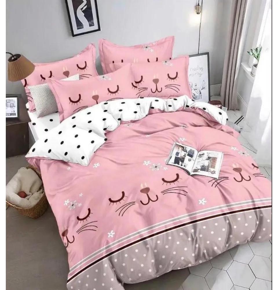 Lenjerie de pat din Finet cu 6 piese, Pink Cat Face