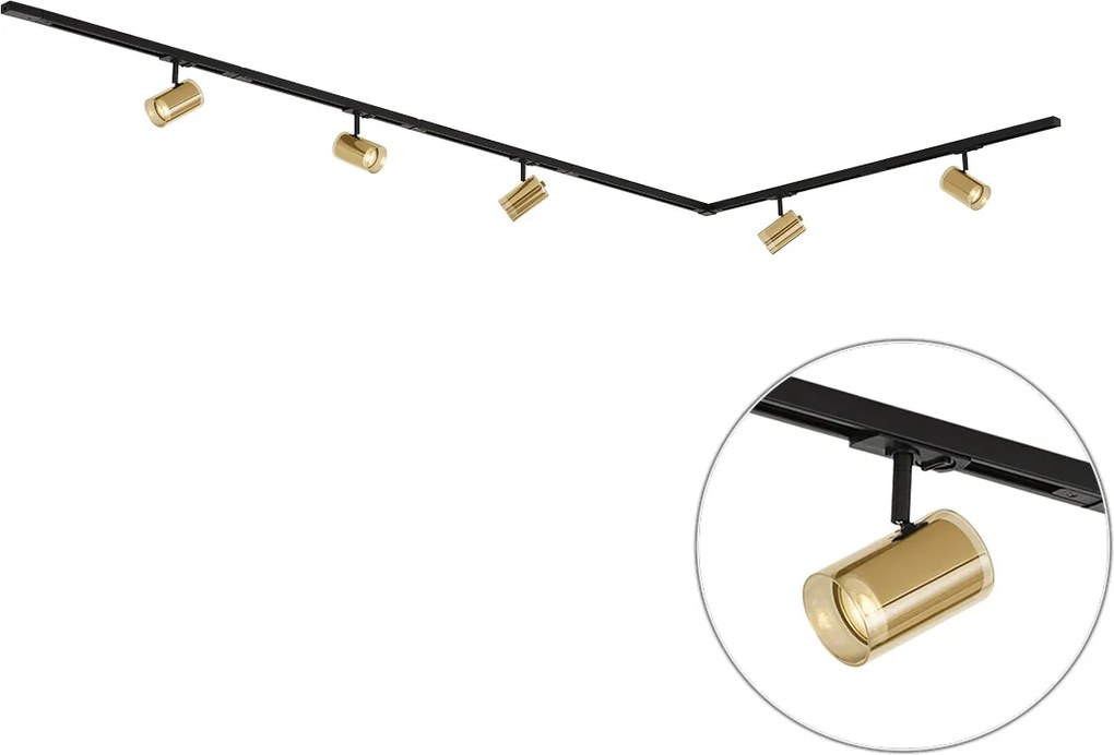 Sistem de iluminat pe șină modern negru cu 5 spoturi aurii monofazate - Iconic Lloyd