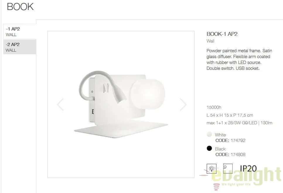 Aplica LED moderna cu reader LED cu port USB BOOK-1 AP2 174792