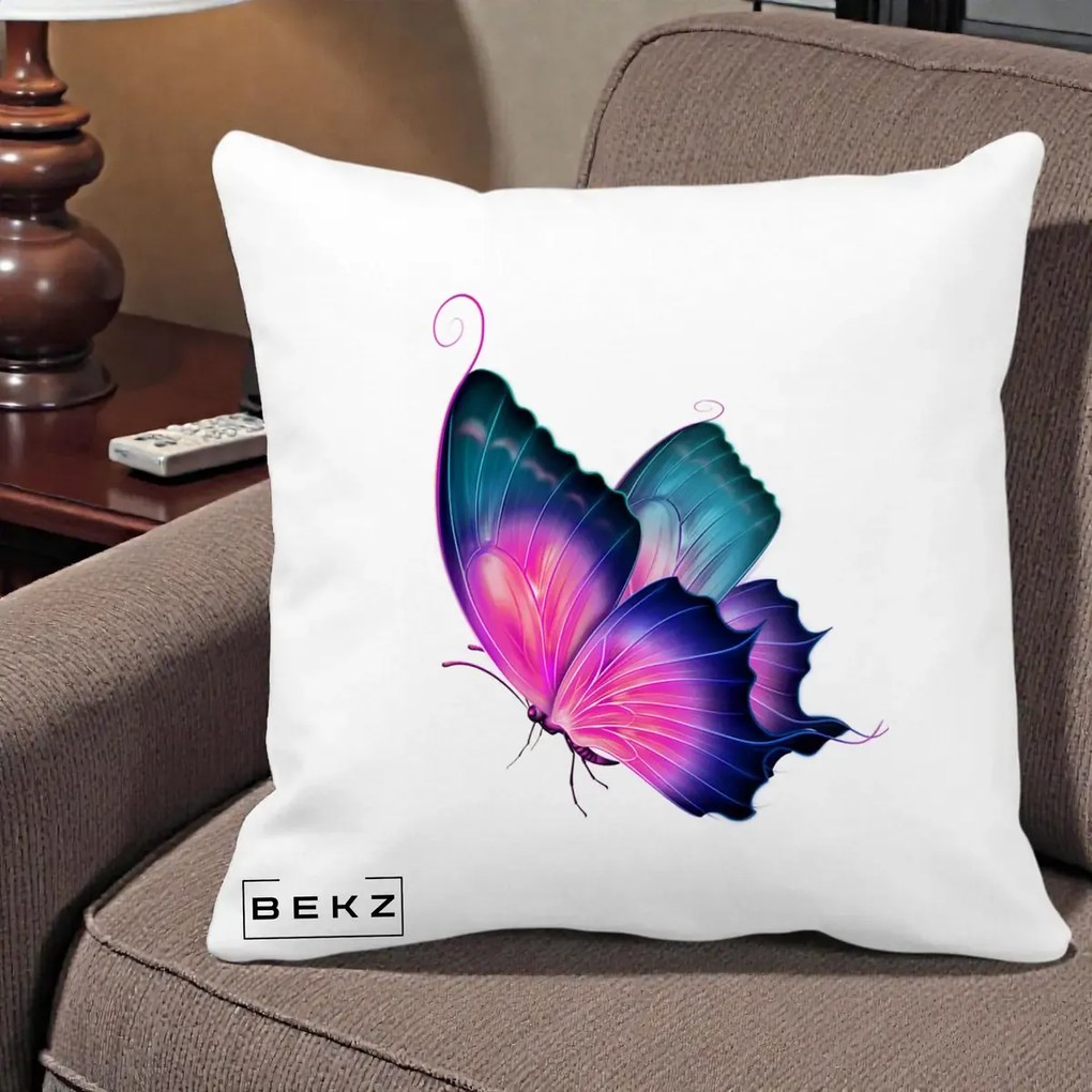 Perna Decorativa Fluture Neon, 40x40 cm, Alba Mata, Husa Detasabila, Perna Inclusa, BEKZ®