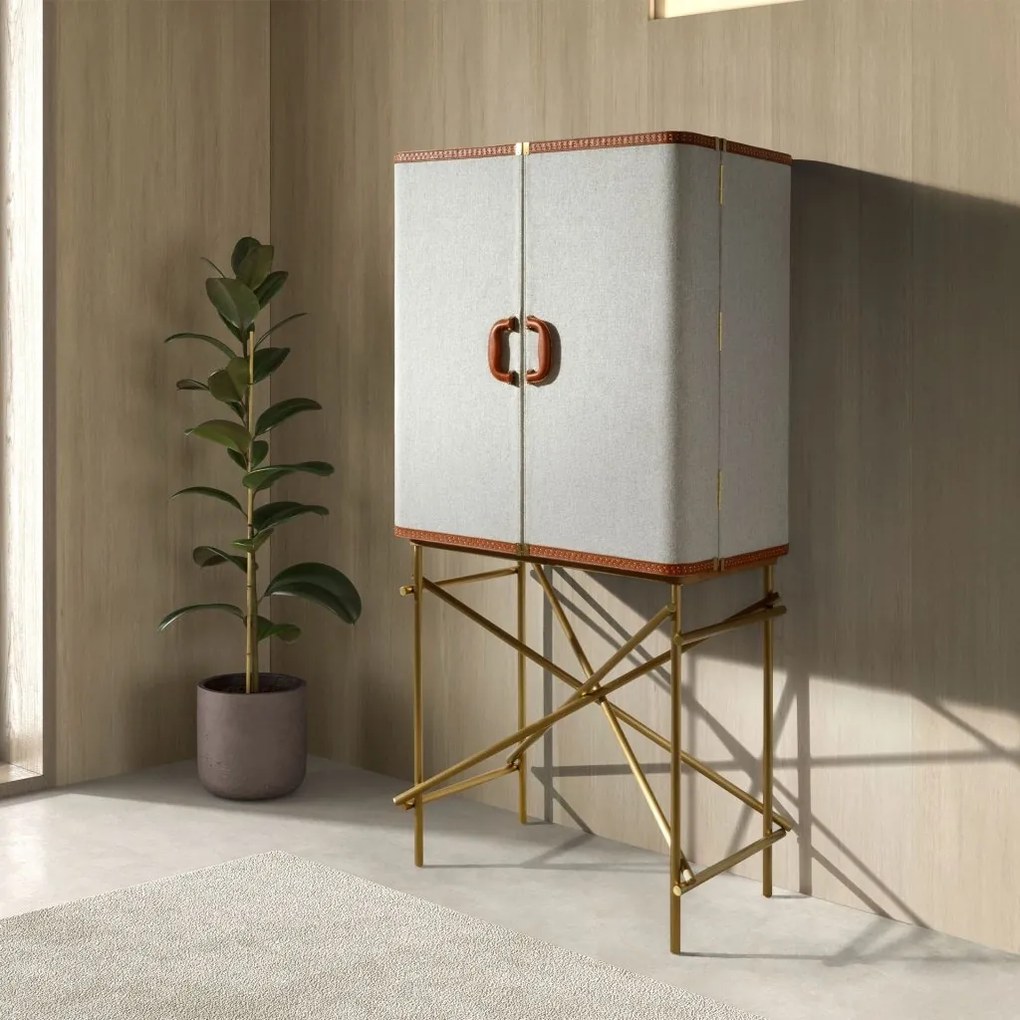 Bufet inalt LUX design italian, Tesatura gri deschis, Piele, Metal Golden