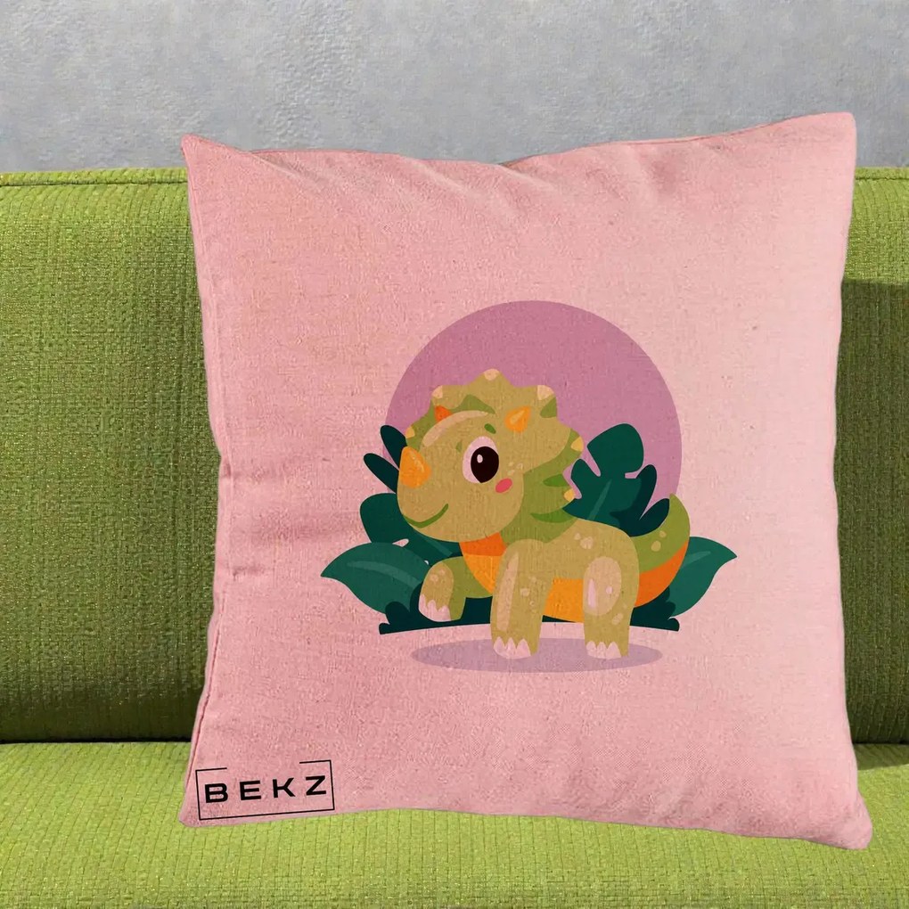 Perna Decorativa Triceratops Kawaii Verde, 40x40 cm, Roz, Husa Detasabila, Perna Inclusa, BEKZ®