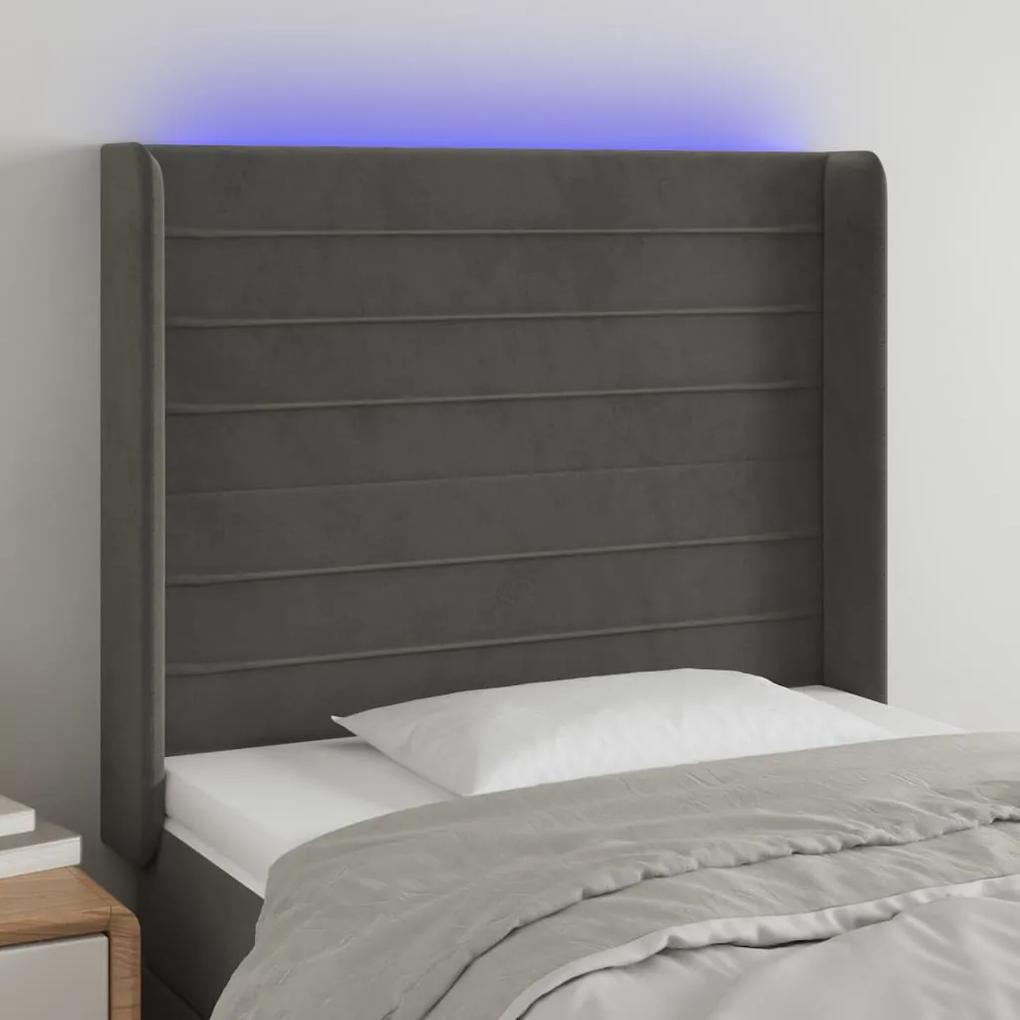 3124225 vidaXL Tăblie de pat cu LED, gri închis, 93x16x118/128 cm, catifea