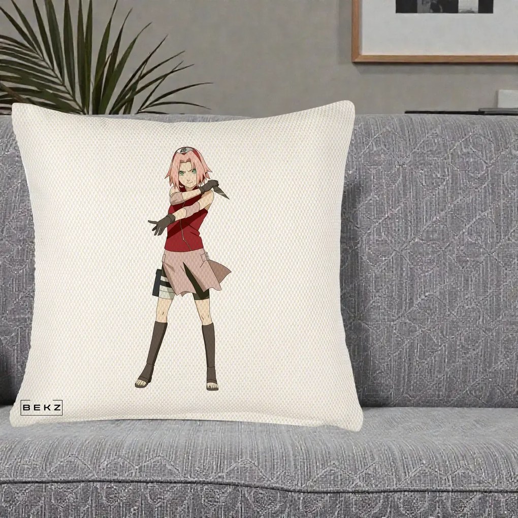 Perna Personalizata Naruto Sakura Haruno Portret, 40x40 cm, Crem Reliefat, Husa Detasabila, Perna Inclusa, BEKZ®