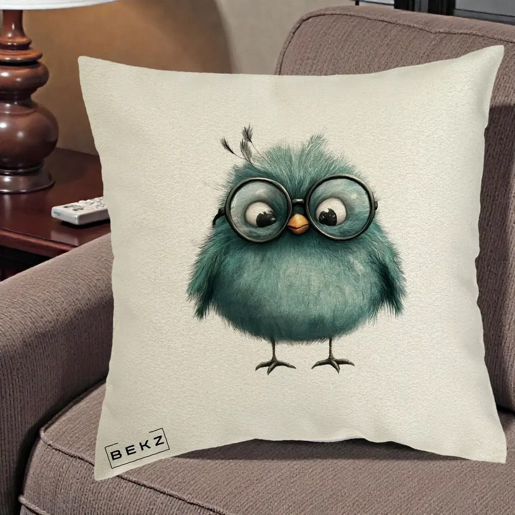 Perna Decorativa Pui Teal cu Ochelari Rotunzi, 40x40 cm, Ecru, Husa Detasabila, Perna Inclusa, BEKZ®
