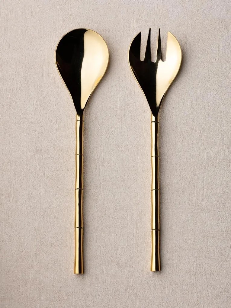 Set 2 ustensile servire salata, din otel, cu manere din alama, Bamboo