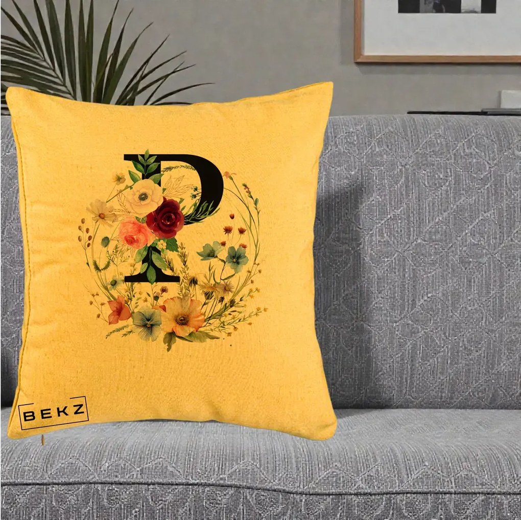 Cadou Personalizat - Perna Personalizata Monogram Litera P cu Flori Acuarela, 40x40 cm, Galben, Husa Detasabila, Perna Inclusa, BEKZ®
