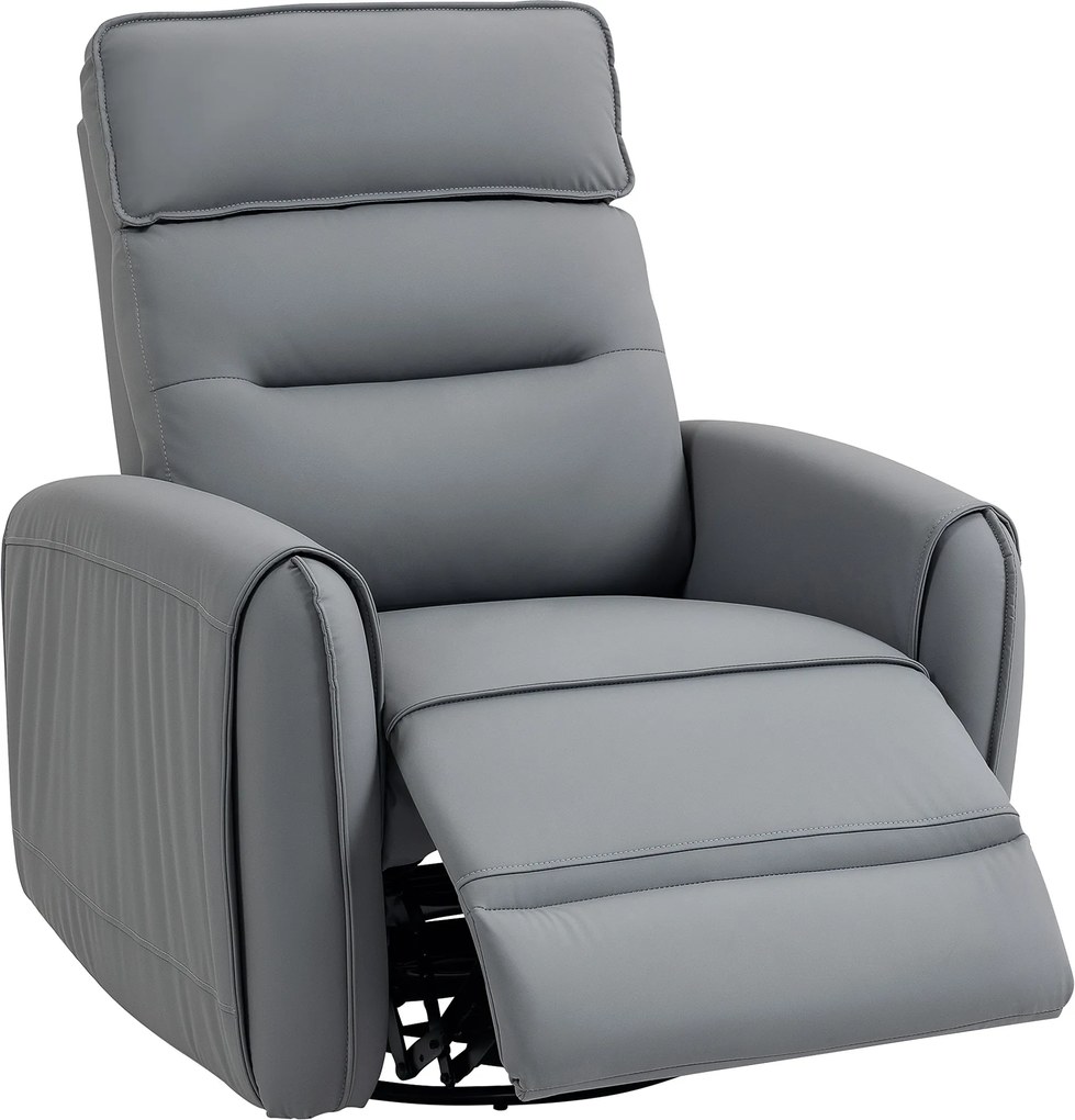 HOMCOM Fotoliu Reclinabil Manual cu Suport pentru Picioare din Material Textil Efect Piele și Bază Rotativă, Gri | Aosom Romania
