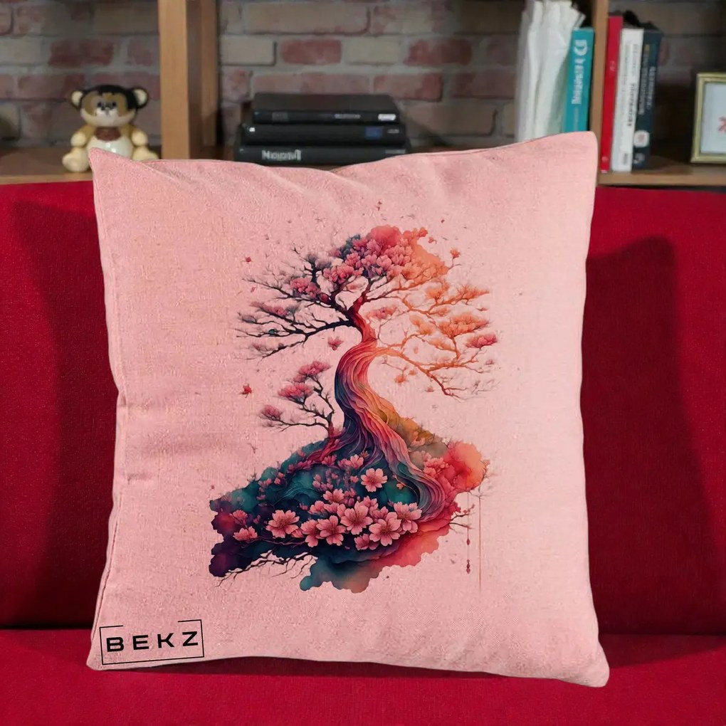 Perna Decorativa Copac Sakura Acuarela Fantasy, 40x40 cm, Roz, Husa Detasabila, Perna Inclusa, BEKZ®