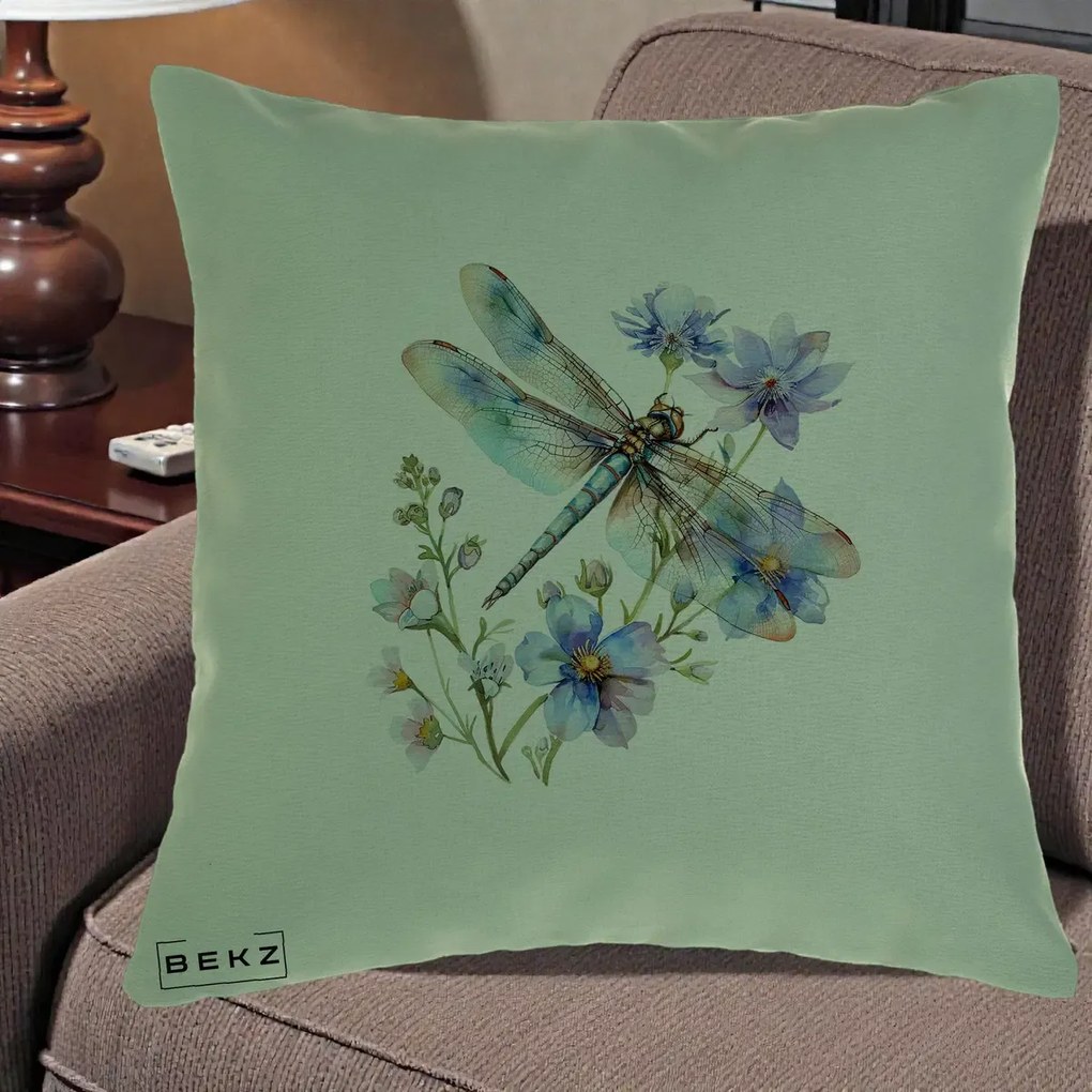 Perna Decorativa Libelula Acuarela Flori Albastre, 40x40 cm, Verde, Husa Detasabila, Perna Inclusa, BEKZ®
