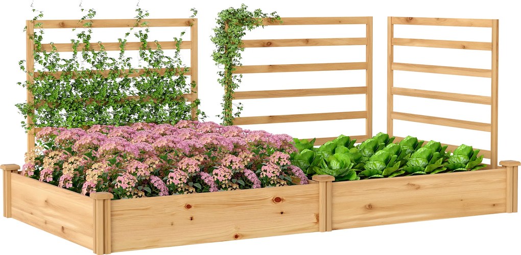 Outsunny Pat de grădină înălțat cu spalier Jardiniere din lemn cu 3 spaliere Perete despărțitor Bază deschisă 240 x 125 x 102 cm Lemn natural | Aosom Romania