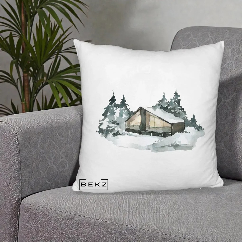 Perna Decorativa Cabana de Iarna in Padure, 40x40 cm, Alb Pufos, Husa Detasabila, Perna Inclusa, BEKZ®