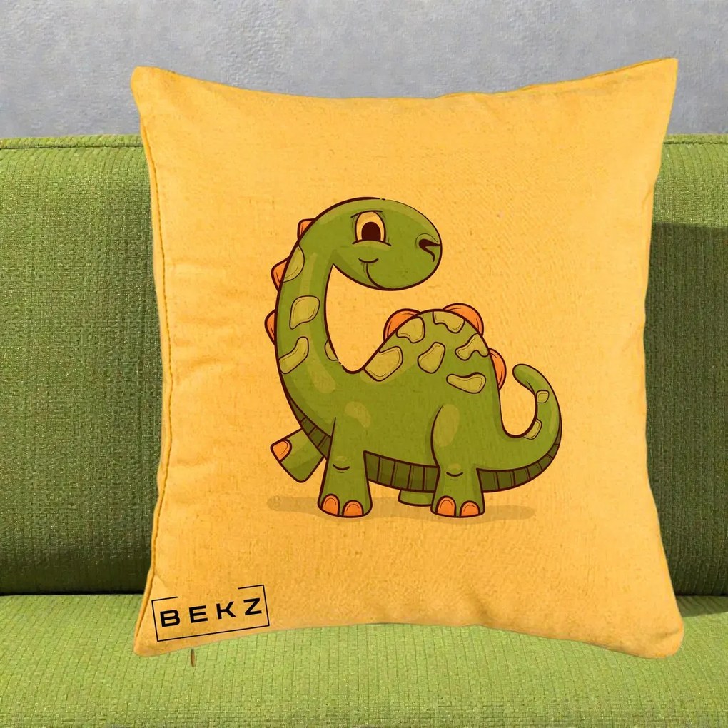 Perna Decorativa Brontosaur Verde Simpatic, 40x40 cm, Galben, Husa Detasabila, Perna Inclusa, BEKZ®